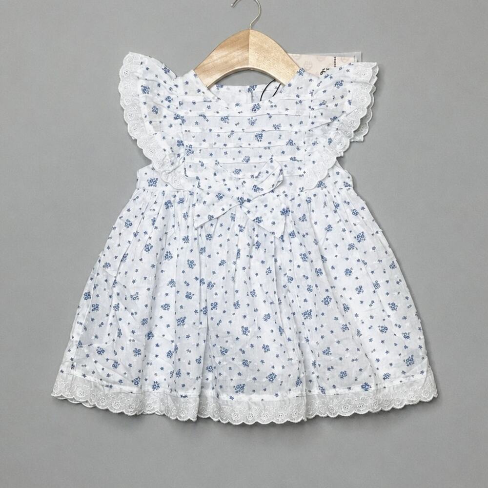 NWT Beatrice & George Blue/White Floral Bow Party Dress w/Lace Baby Girls 9 Mo